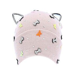 Tigerstars Lovely Pink Rhinestone Ears Kitty Cat Ribbon Knit Beanie Hat
